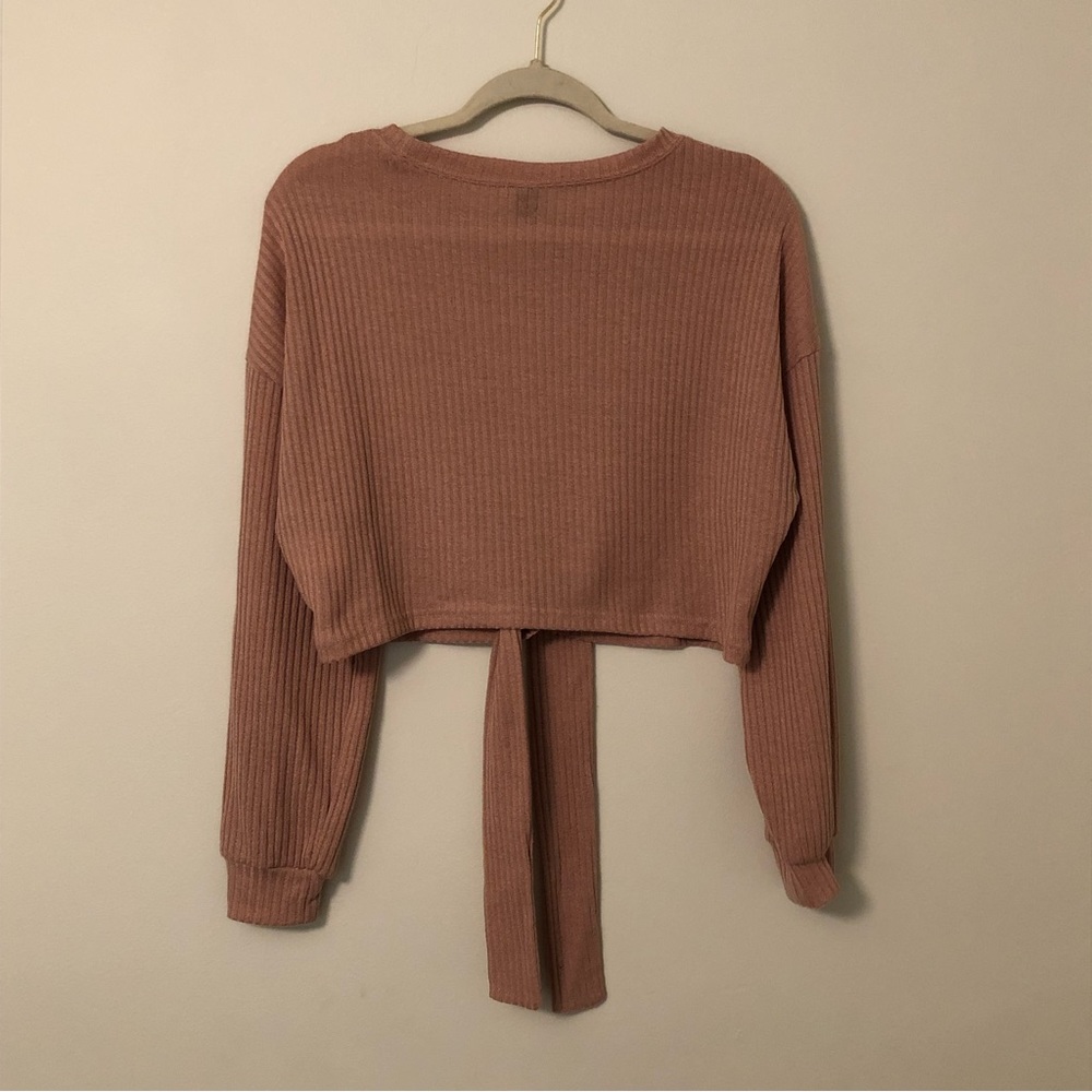 Tie Front Ribbed Light Pink Long Sleeve - Picture 4 of 5